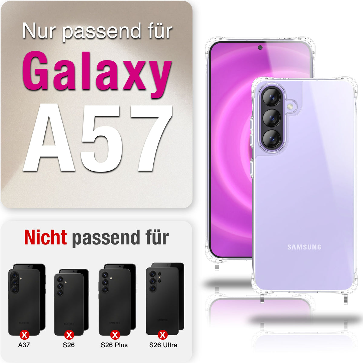 NALIA Handykette für Samsung Galaxy A57 – Transparentes Hybrid-Case & Band – HANGIT PRO (Anti-Gelb Rückseite & Verstellbar) – Marke aus Berlin