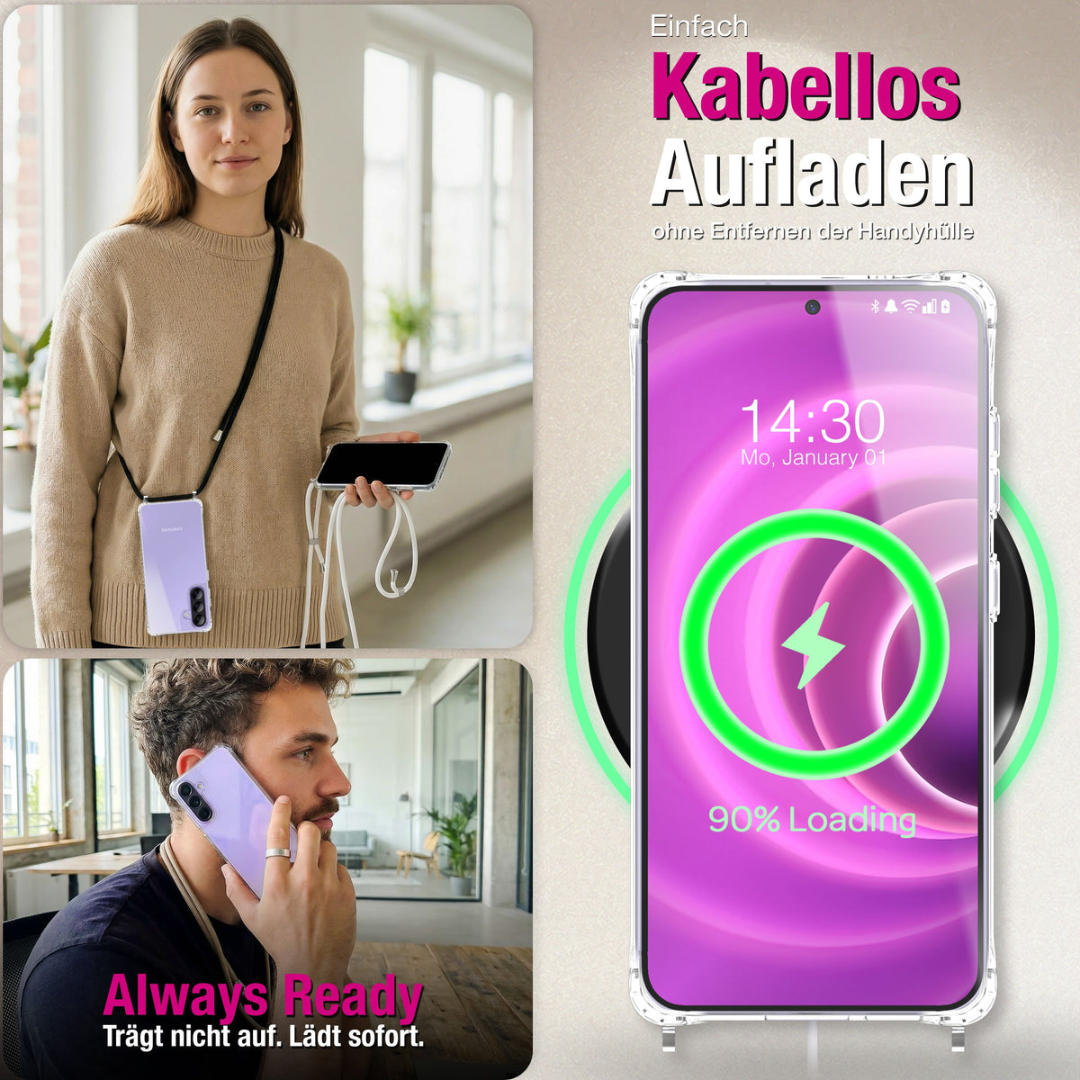 NALIA Handykette für Samsung Galaxy A57 – Transparentes Hybrid-Case & Band – HANGIT PRO (Anti-Gelb Rückseite & Verstellbar) – Marke aus Berlin