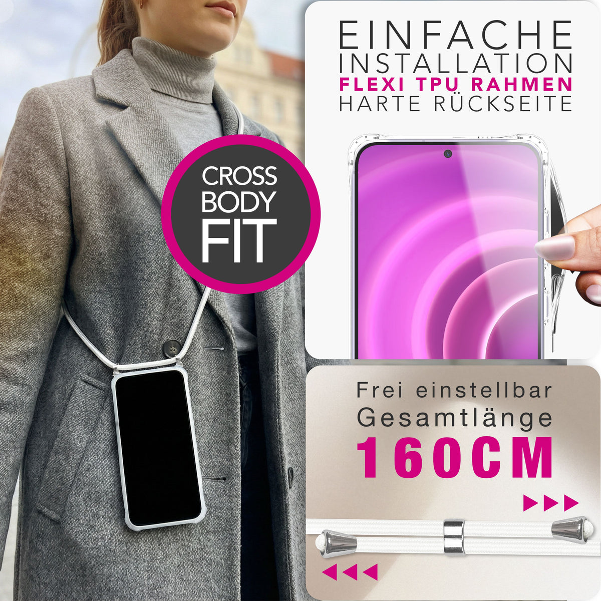 NALIA Handykette für Samsung Galaxy A57 – Transparentes Hybrid-Case & Band – HANGIT PRO (Anti-Gelb Rückseite & Verstellbar) – Marke aus Berlin