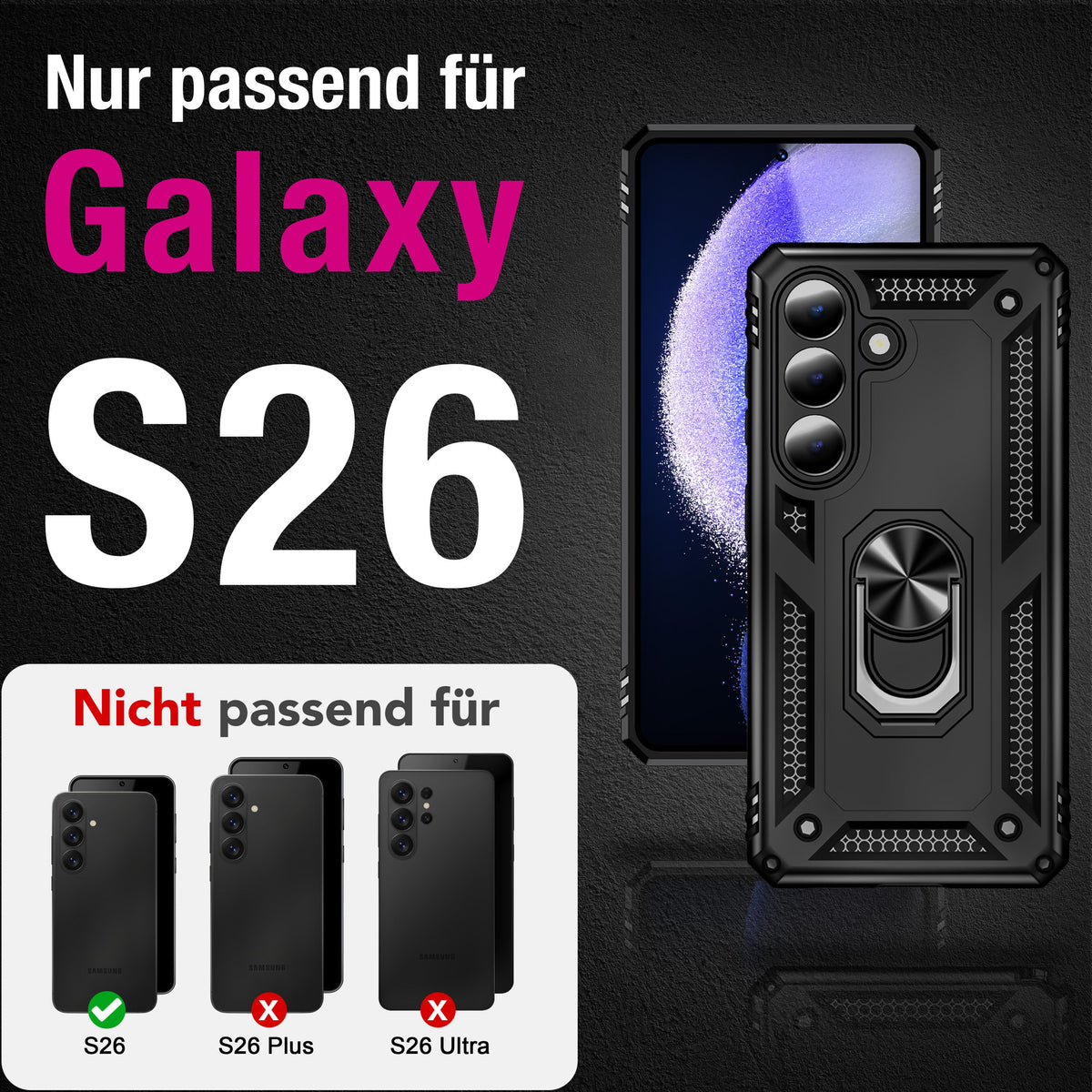 NALIA Panzerhülle für Samsung Galaxy S26 – Ring-Ständer 360° & Magnet-Halterung Kompatibel – RINGDEFEND (Stoßfestes Outdoor Case) – Marke aus Berlin