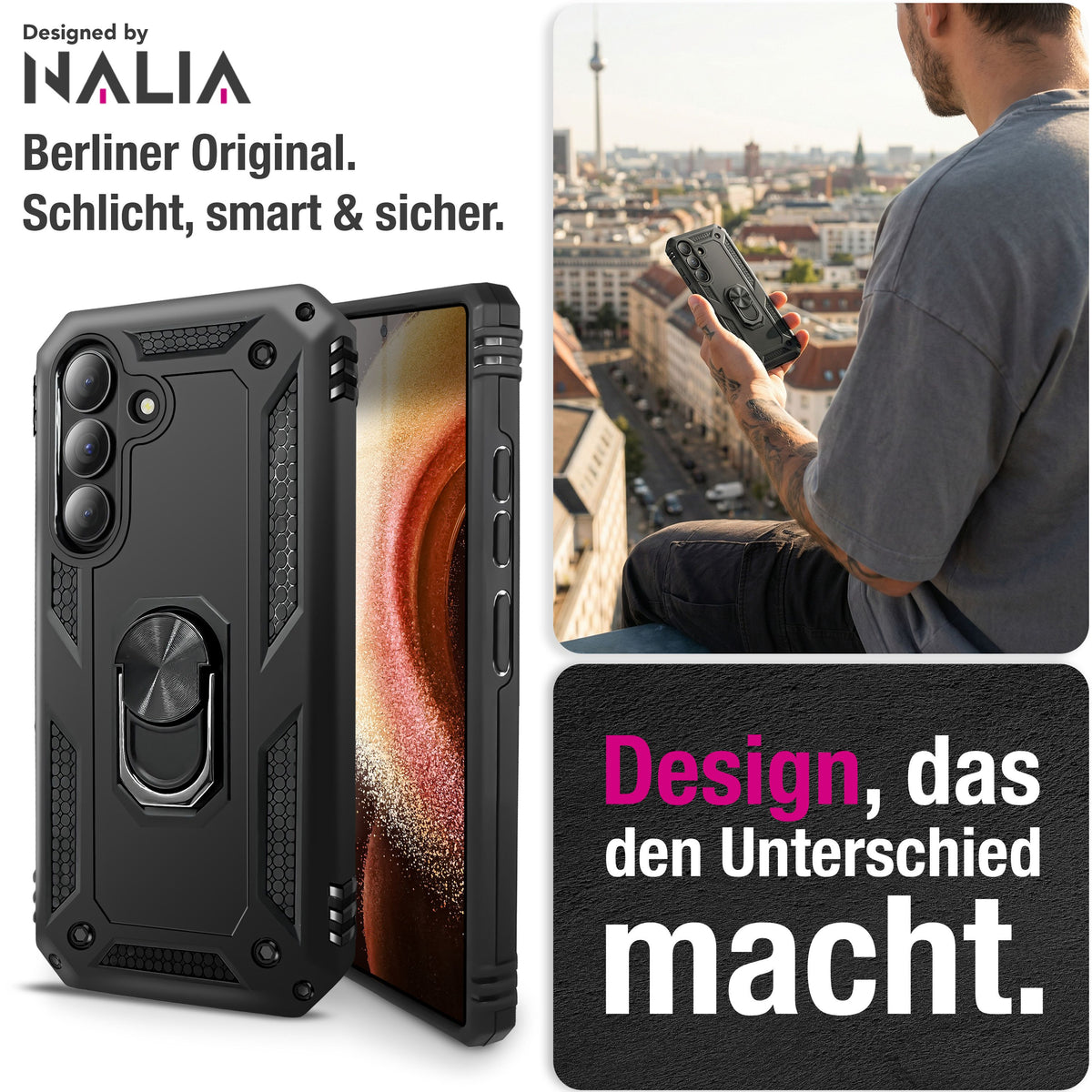NALIA Panzerhülle für Samsung Galaxy S26 Plus – Ring-Ständer 360° & Magnet-Halterung Kompatibel – RINGDEFEND (Stoßfestes Outdoor Case) – Marke aus Berlin