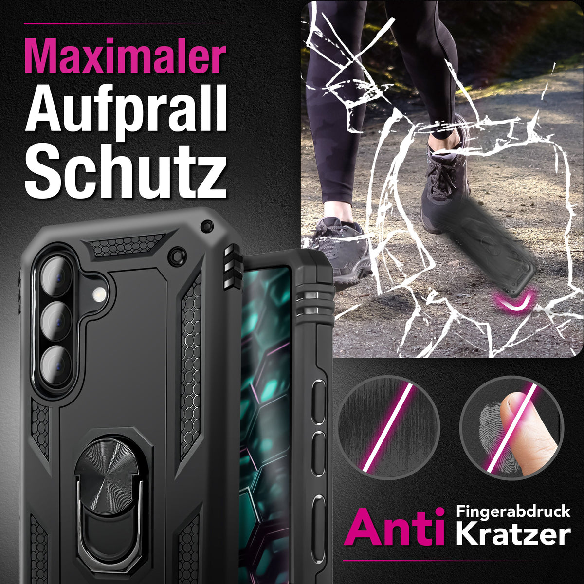 NALIA Panzerhülle für Samsung Galaxy A37 – Ring-Ständer 360° & Magnet-Halterung Kompatibel – RINGDEFEND (Stoßfestes Outdoor Case) – Marke aus Berlin