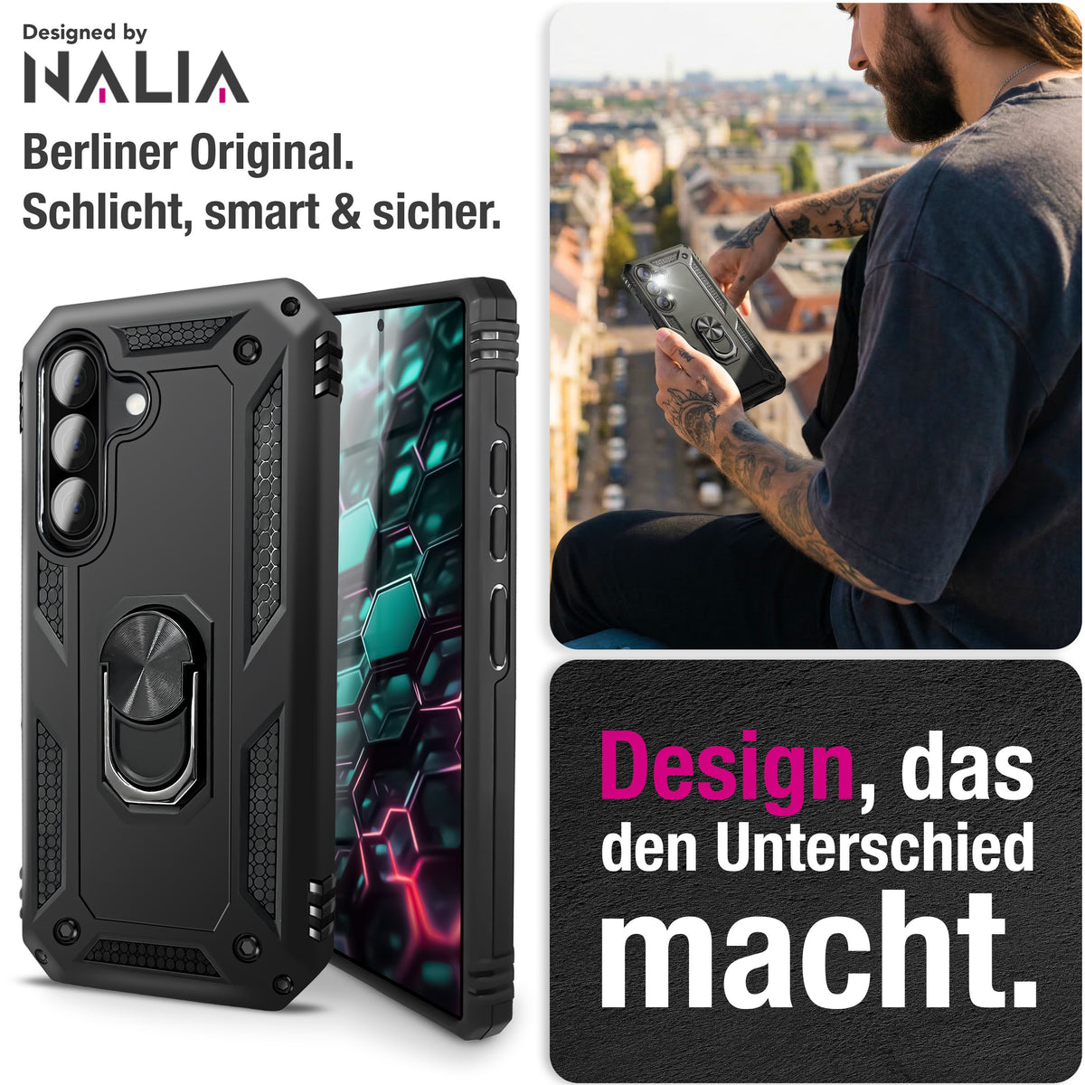 NALIA Panzerhülle für Samsung Galaxy A37 – Ring-Ständer 360° & Magnet-Halterung Kompatibel – RINGDEFEND (Stoßfestes Outdoor Case) – Marke aus Berlin