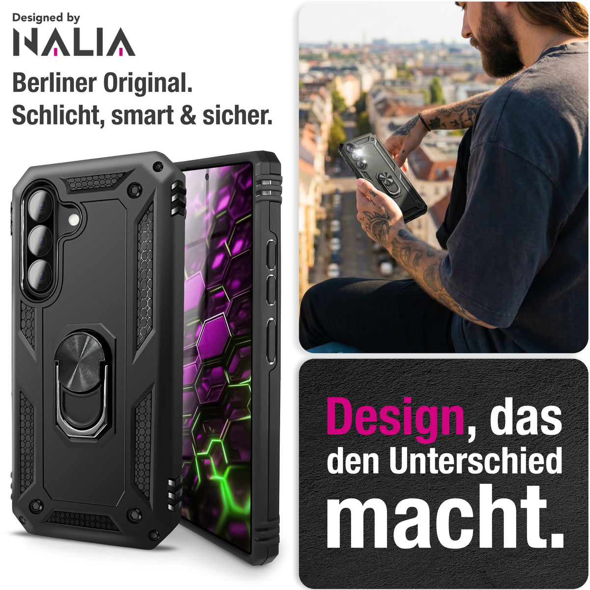 NALIA Panzerhülle für Samsung Galaxy A57 – Ring-Ständer 360° & Magnet-Halterung Kompatibel – RINGDEFEND (Stoßfestes Outdoor Case) – Marke aus Berlin