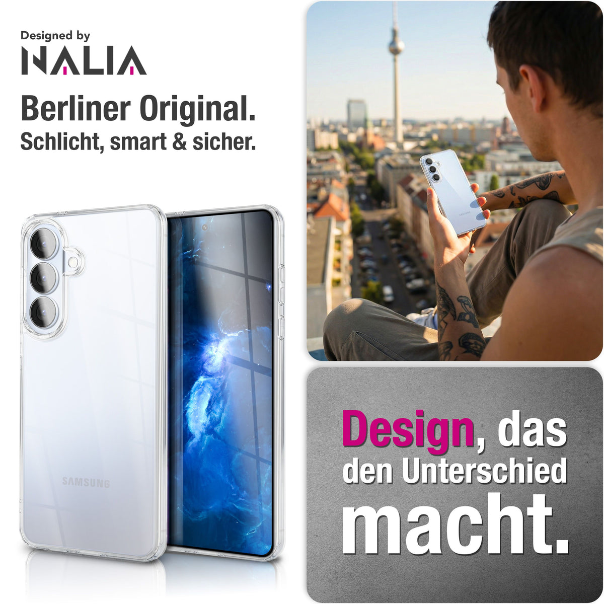 NALIA Transparente Hülle für Samsung Galaxy S26 – Anti-Gelb & Stoßfest – GLAZE (Rückseite in Glas-Optik) – Marke aus Berlin