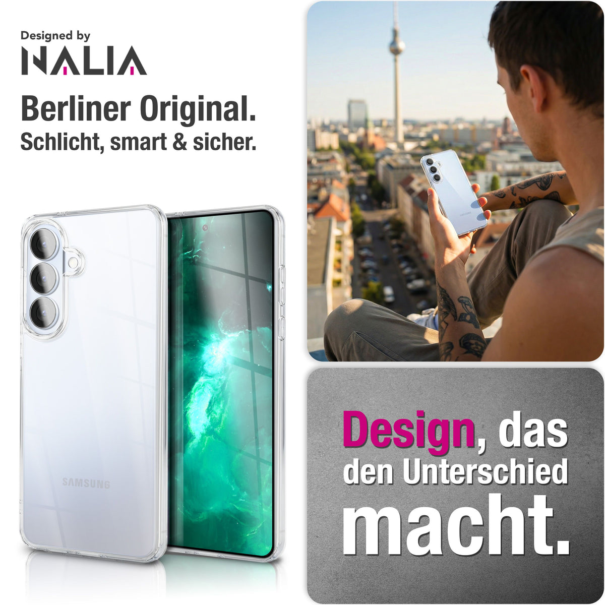 NALIA Transparente Hülle für Samsung Galaxy S26 Plus – Anti-Gelb & Stoßfest – GLAZE (Rückseite in Glas-Optik) – Marke aus Berlin