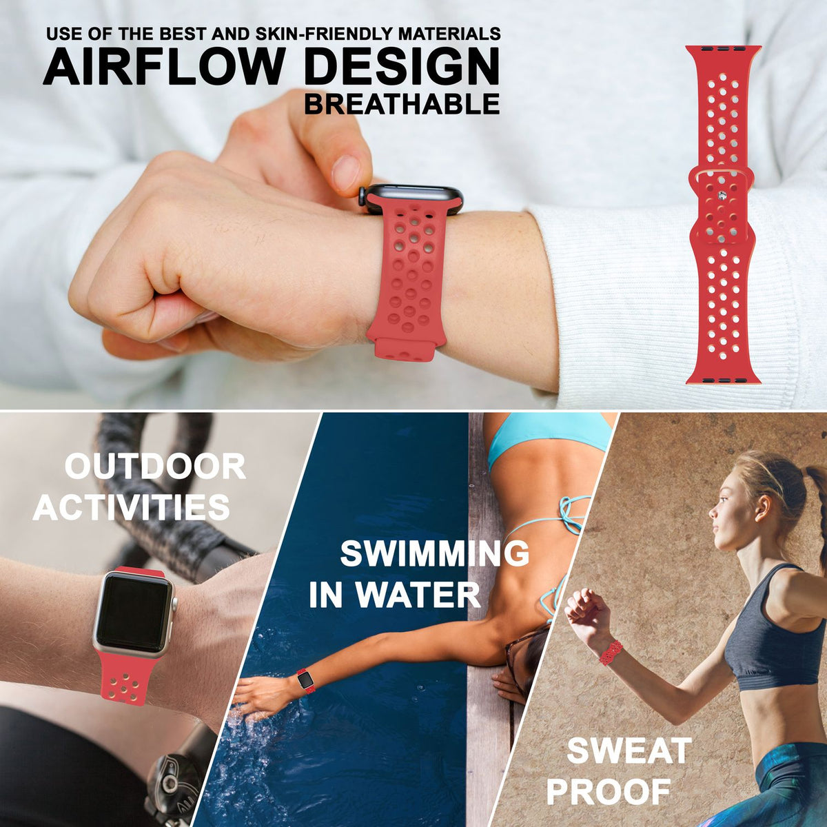 NALIA Gelochtes Silikon Smart-Watch Ersatzarmband kompatibel mit Apple Watch Armband SE & Series 8/7/6/5/4/3/2/1, 38mm 40mm 41mm, iWatch Fitnessarmband Damen & Herren