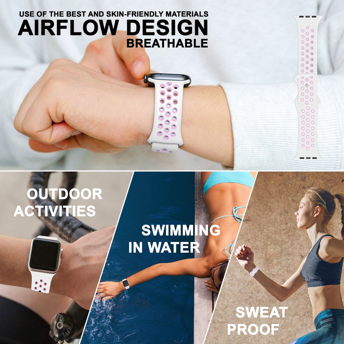 NALIA Silikon Smart Watch Armband Airflow-Löcher kompatibel mit Apple Watch Armband Ultra/SE & Series 8/7/6/5/4/3/2/1, 42mm 44mm 45mm 49mm, iWatch Sport-Band Damen Herren