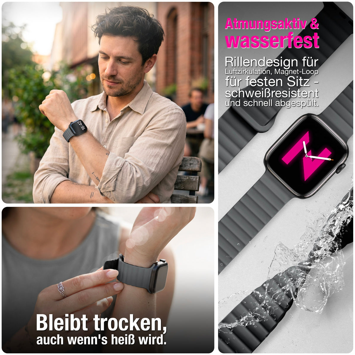 NALIA Core Magnet Armband kompatibel mit Apple Watch SE & iWatch Series 10 9 8 7 6 5 4 3 2 1, 38/40/41/42mm, Atmungsaktives Silikon Loop, Sportarmband mit Rillen Design
