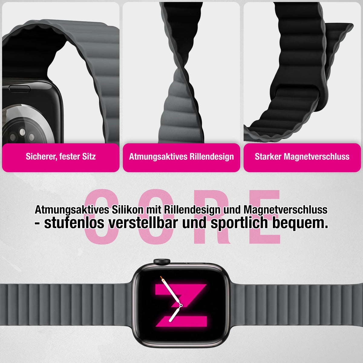 NALIA Core Magnet Armband kompatibel mit Apple Watch SE & iWatch Series 10 9 8 7 6 5 4 3 2 1, 38/40/41/42mm, Atmungsaktives Silikon Loop, Sportarmband mit Rillen Design