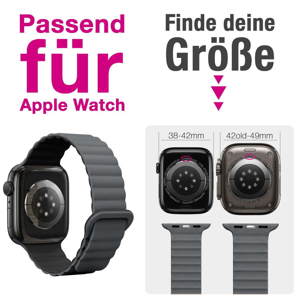 NALIA Core Magnet Armband kompatibel mit Apple Watch SE & iWatch Series 10 9 8 7 6 5 4 3 2 1, 38/40/41/42mm, Atmungsaktives Silikon Loop, Sportarmband mit Rillen Design