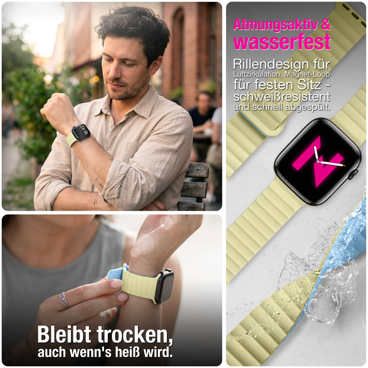 NALIA Core Magnet Armband kompatibel mit Apple Watch SE & iWatch Series 10 9 8 7 6 5 4 3 2 1, 38/40/41/42mm, Atmungsaktives Silikon Loop, Sportarmband mit Rillen Design