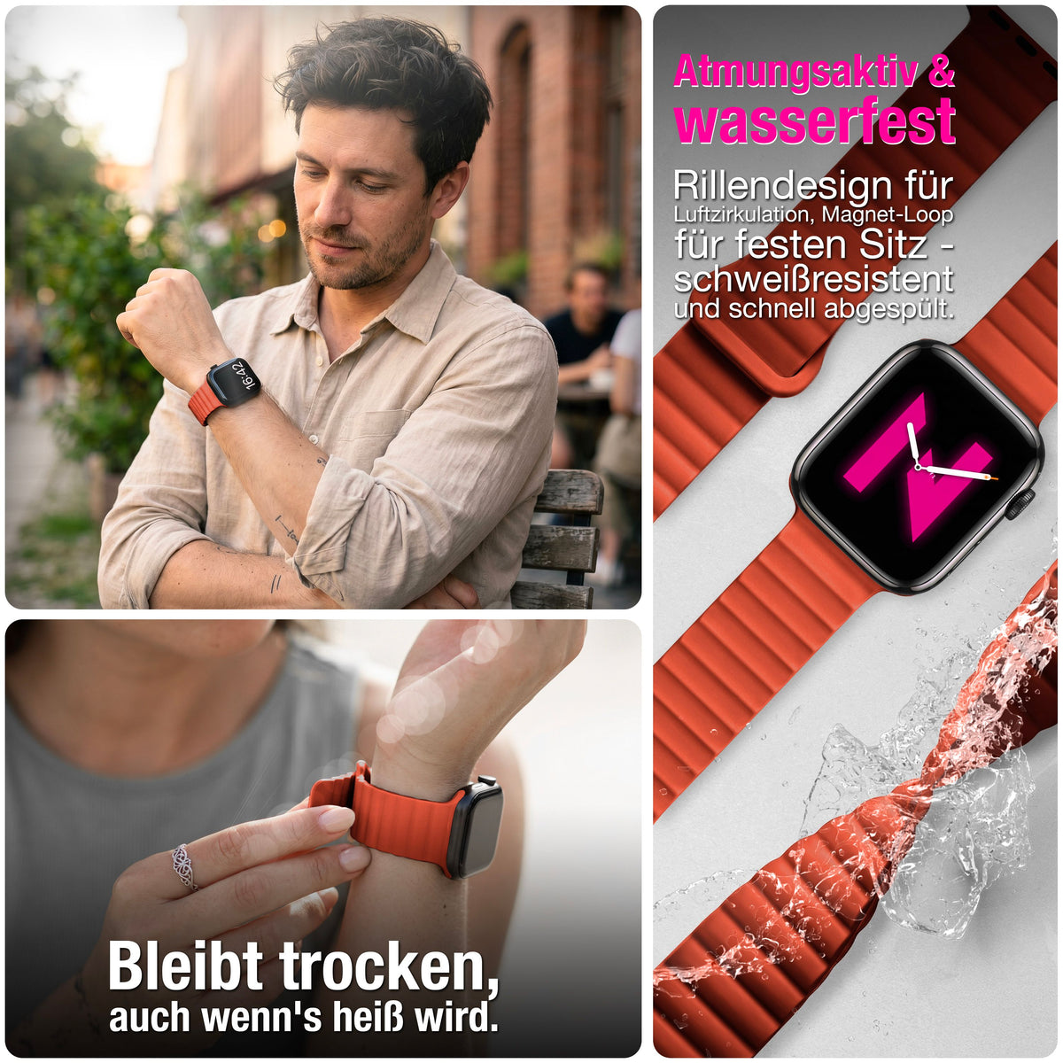 NALIA Core Magnet Armband kompatibel mit Apple Watch SE & iWatch Series 10 9 8 7 6 5 4 3 2 1, 38/40/41/42mm, Atmungsaktives Silikon Loop, Sportarmband mit Rillen Design