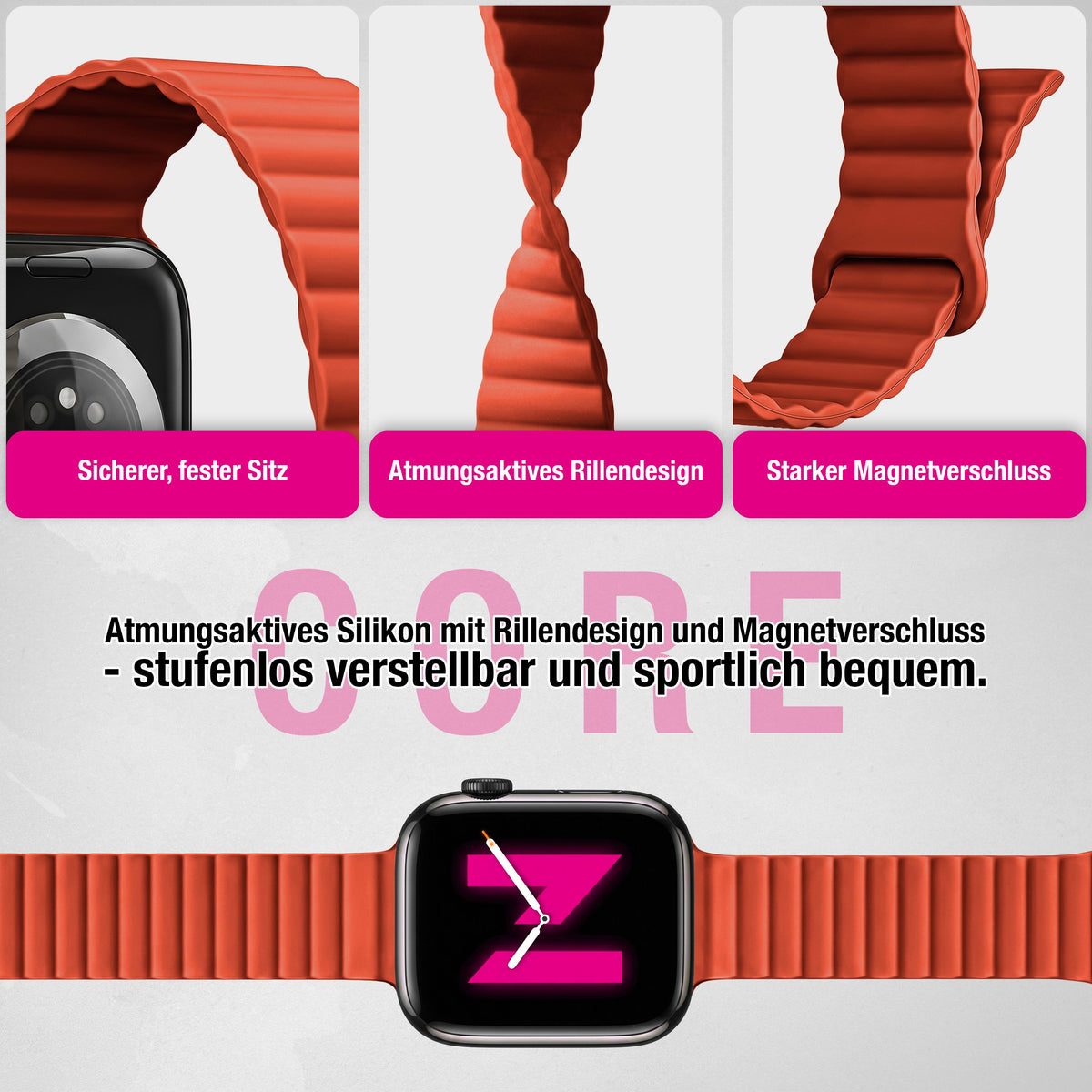 NALIA Core Magnet Armband kompatibel mit Apple Watch SE & iWatch Series 10 9 8 7 6 5 4 3 2 1, 38/40/41/42mm, Atmungsaktives Silikon Loop, Sportarmband mit Rillen Design