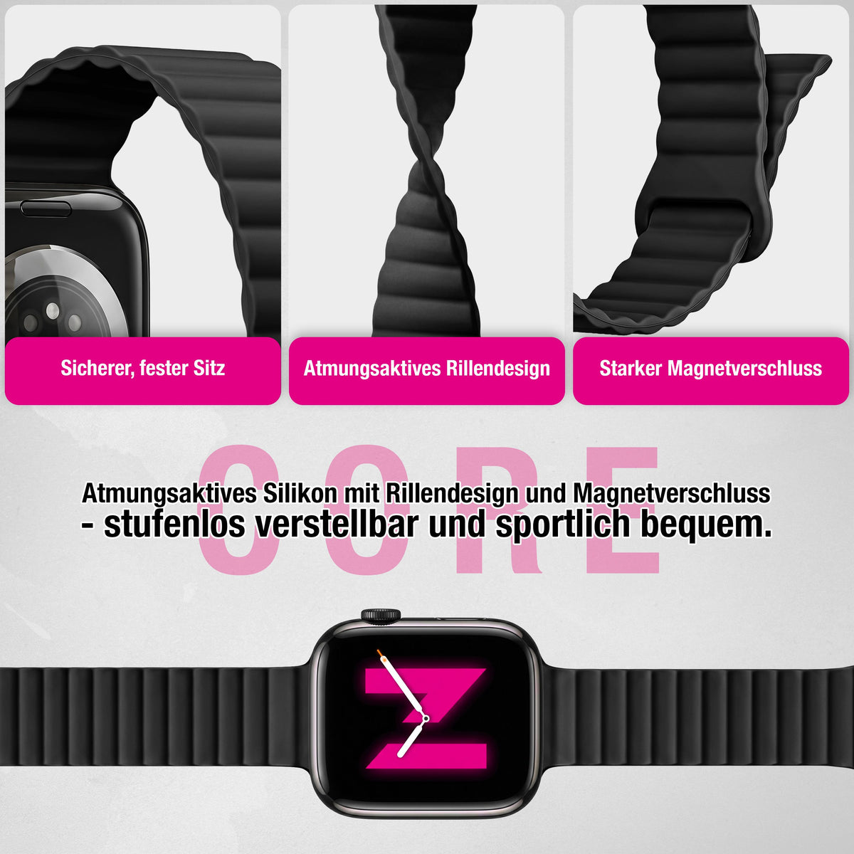 NALIA Core Magnet Armband kompatibel mit Apple Watch SE & iWatch Series 10 9 8 7 6 5 4 3 2 1, 38/40/41/42mm, Atmungsaktives Silikon Loop, Sportarmband mit Rillen Design