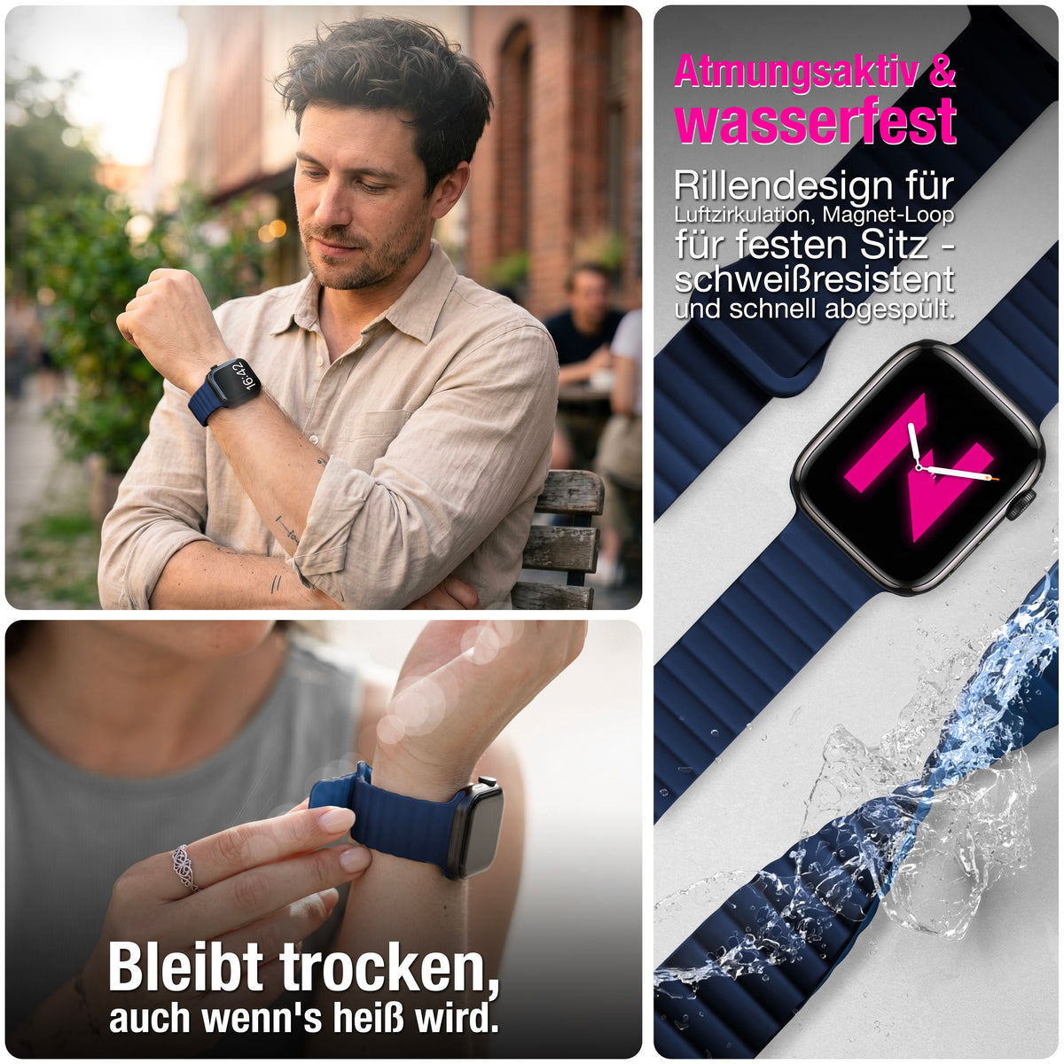 NALIA Core Magnet Armband kompatibel mit Apple Watch SE & iWatch Series 10 9 8 7 6 5 4 3 2 1, 38/40/41/42mm, Atmungsaktives Silikon Loop, Sportarmband mit Rillen Design