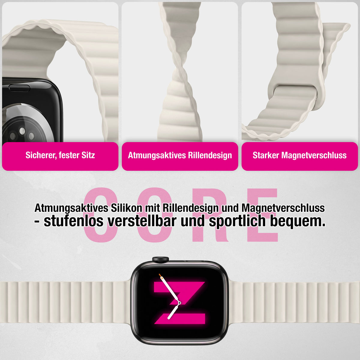 NALIA Core Magnet Armband kompatibel mit Apple Watch SE & iWatch Series 10 9 8 7 6 5 4 3 2 1, 38/40/41/42mm, Atmungsaktives Silikon Loop, Sportarmband mit Rillen Design