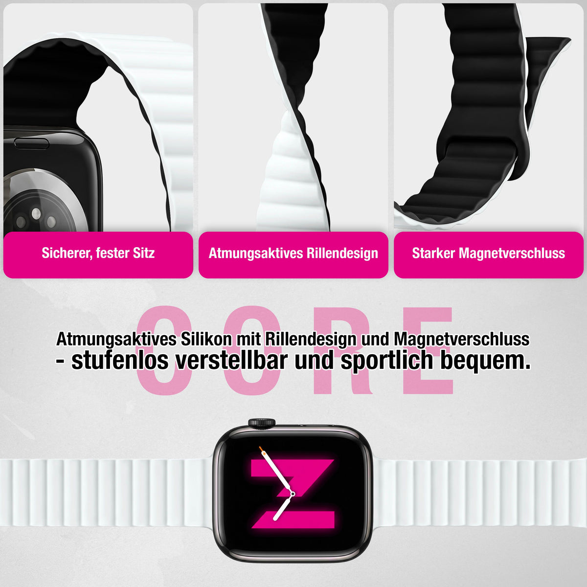 NALIA Core Magnet Armband kompatibel mit Apple Watch SE & iWatch Series 10 9 8 7 6 5 4 3 2 1, 38/40/41/42mm, Atmungsaktives Silikon Loop, Sportarmband mit Rillen Design