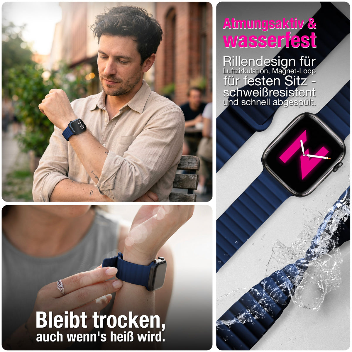 NALIA Core Magnet Armband kompatibel mit Apple Watch Series Ultra/SE/10/9/8/7/6/5/4/3/2/1 – 42/44/45/46/49mm, Atmungsaktives Silikon Loop, Sportarmband mit Rillendesign