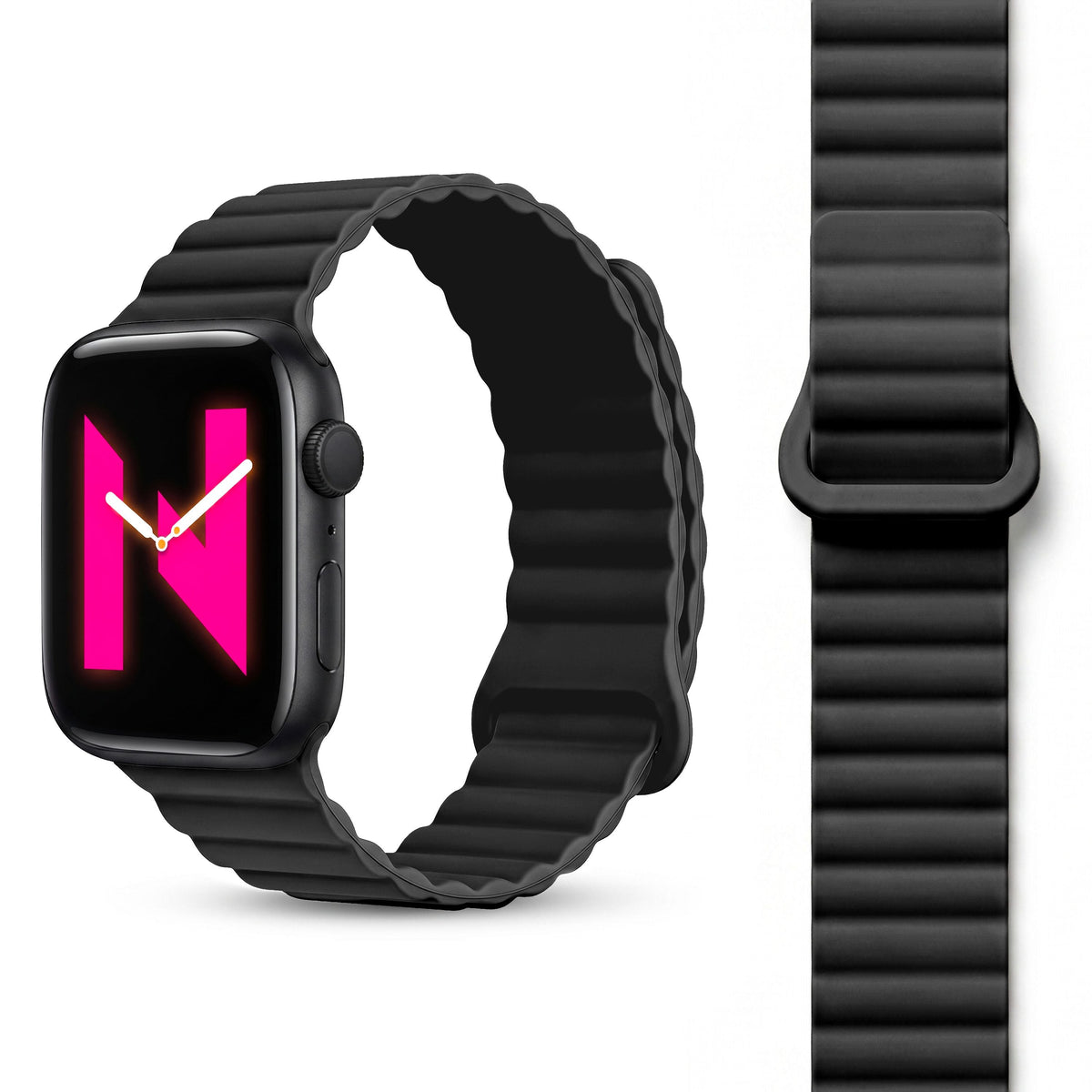 NALIA Core Magnet Armband kompatibel mit Apple Watch Series Ultra/SE/10/9/8/7/6/5/4/3/2/1 – 42/44/45/46/49mm, Atmungsaktives Silikon Loop, Sportarmband mit Rillendesign