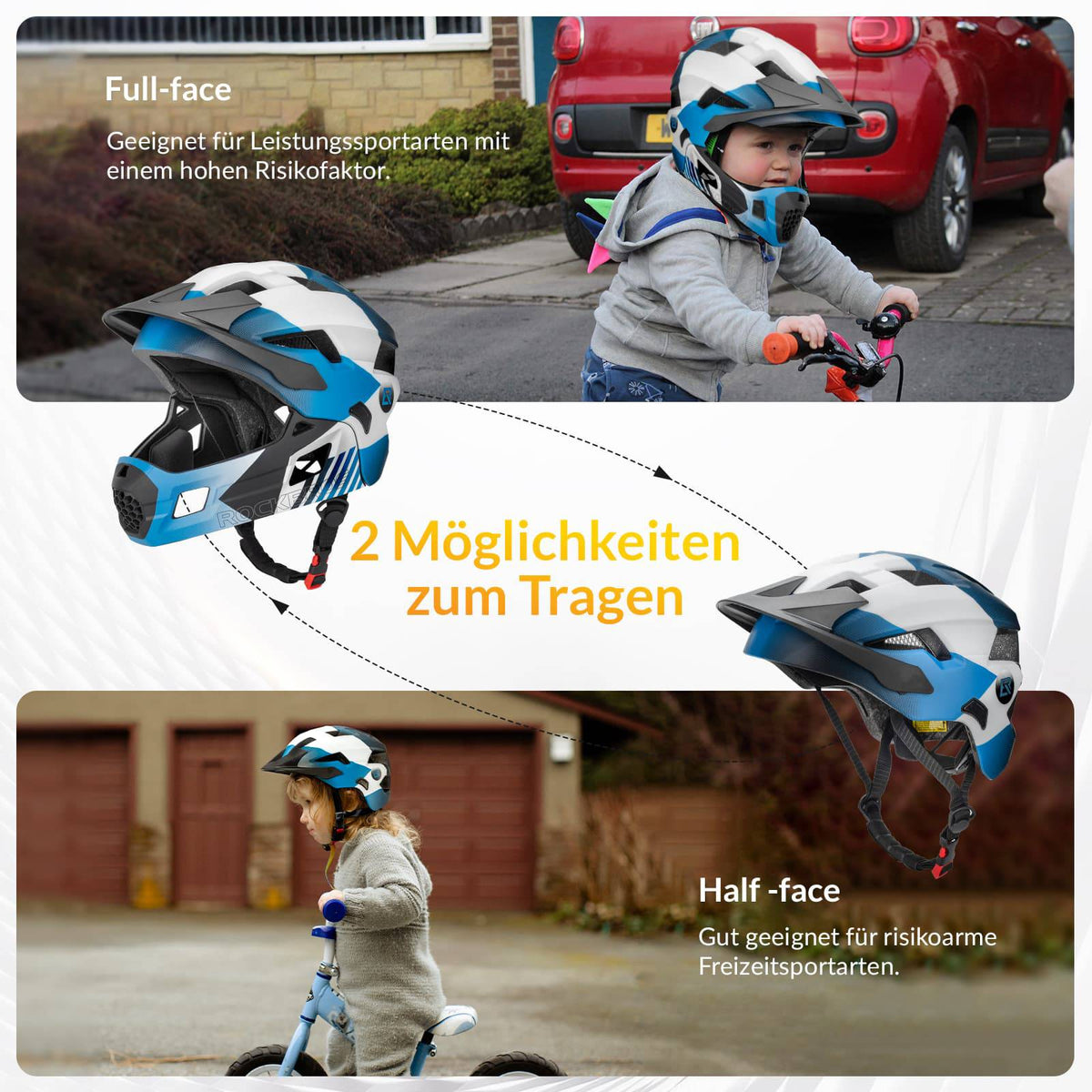 ROCKBROS Kinderhelm BMX MTB Helm mit Abnehmbarem Kinnschutz und Krempe
