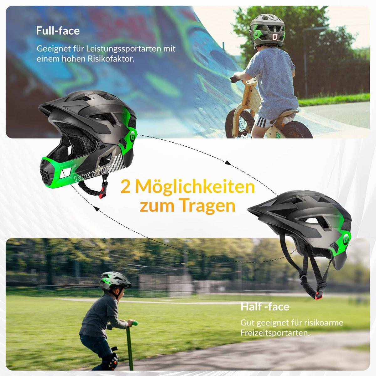 ROCKBROS Kinderhelm BMX MTB Helm mit Abnehmbarem Kinnschutz und Krempe
