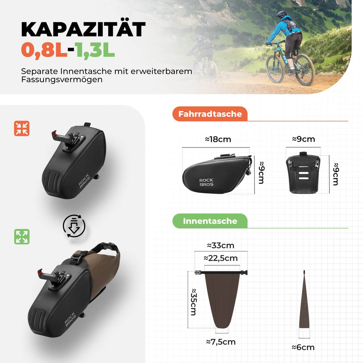 ROCKBROS Satteltasche Wasserdichte Fahrradtasche Erweiterbar mit Innentasche