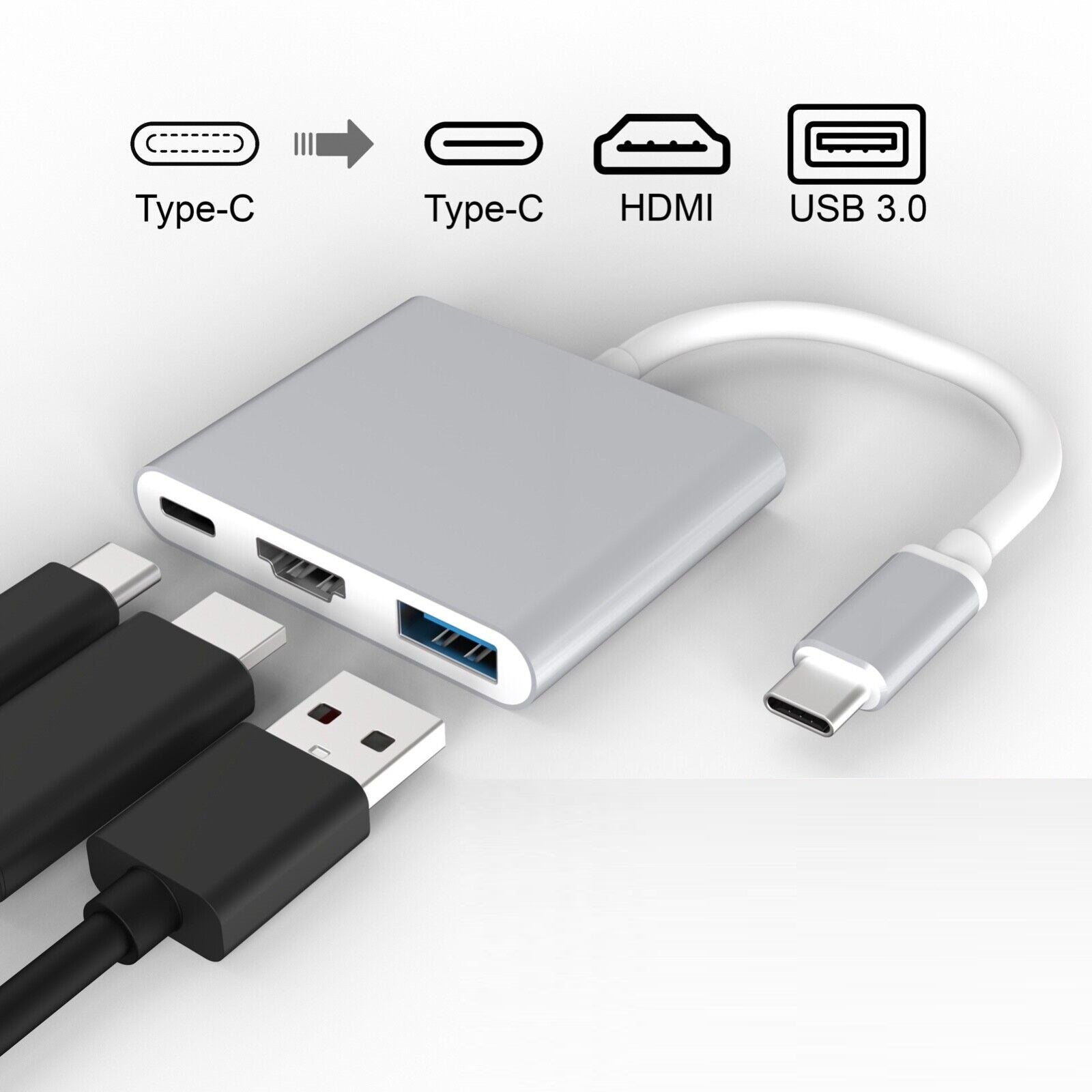 3-Port USB Hub USB-C to HDMI USB-C USB-A 3.0 4K PD