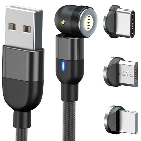 3-in-1 Magnetic USB Cable USB-A to 8-Pin iPhone USB-C Micro USB 540° Rotation